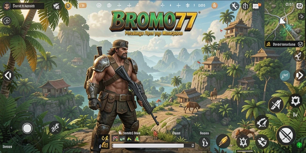 Screenshot gameplay BROMO77 menampilkan eksplorasi dunia terbuka yang luas.