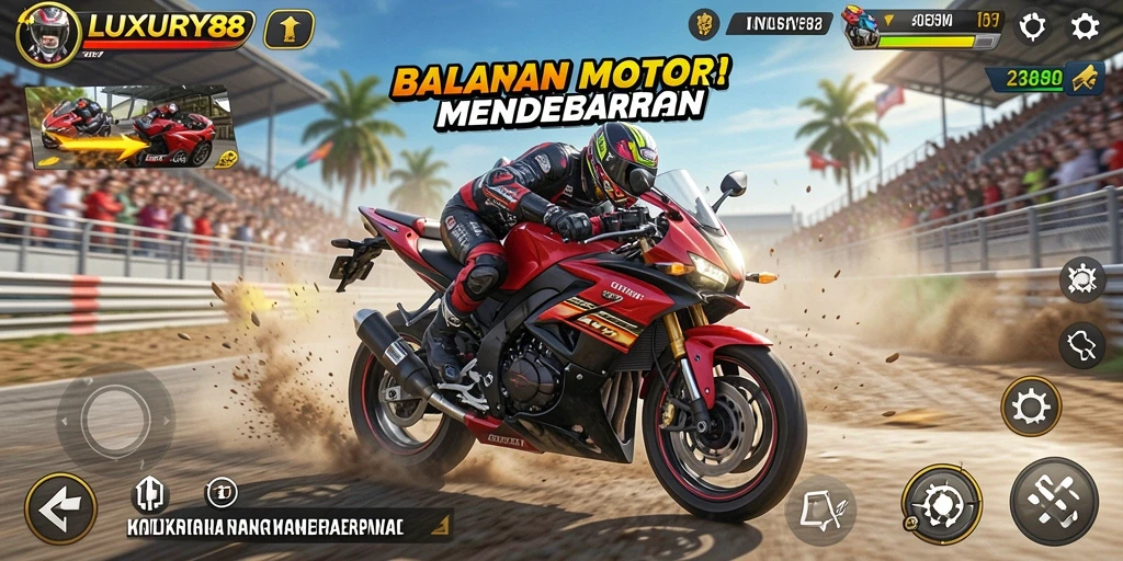 Screenshot gameplay LUXURY88 menampilkan aksi balapan motor yang seru.
