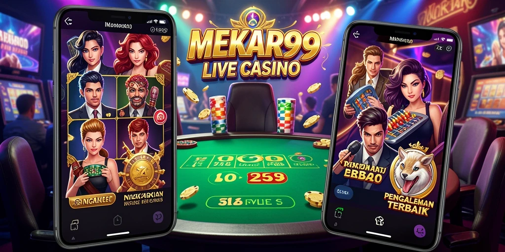 Screenshot utama MEKAR99 menampilkan dealer langsung dalam suasana kasino yang menarik.