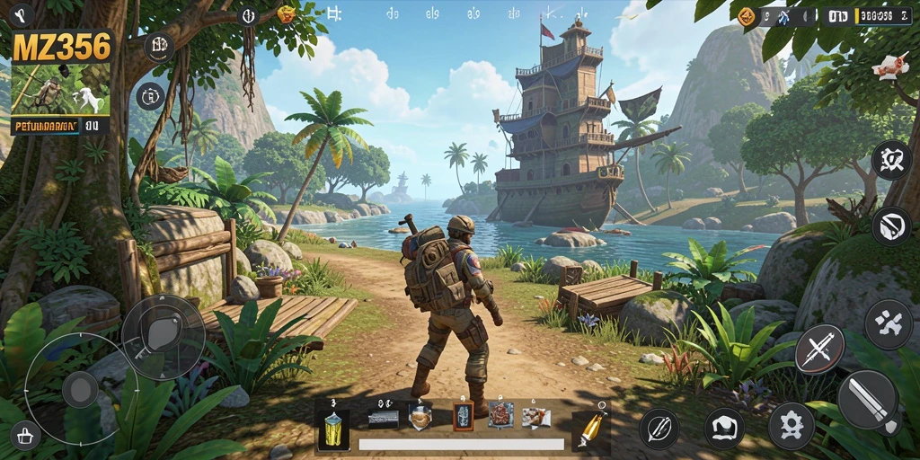 Screenshot gameplay MZ356 yang menunjukkan dunia terbuka yang luas dan dinamis.