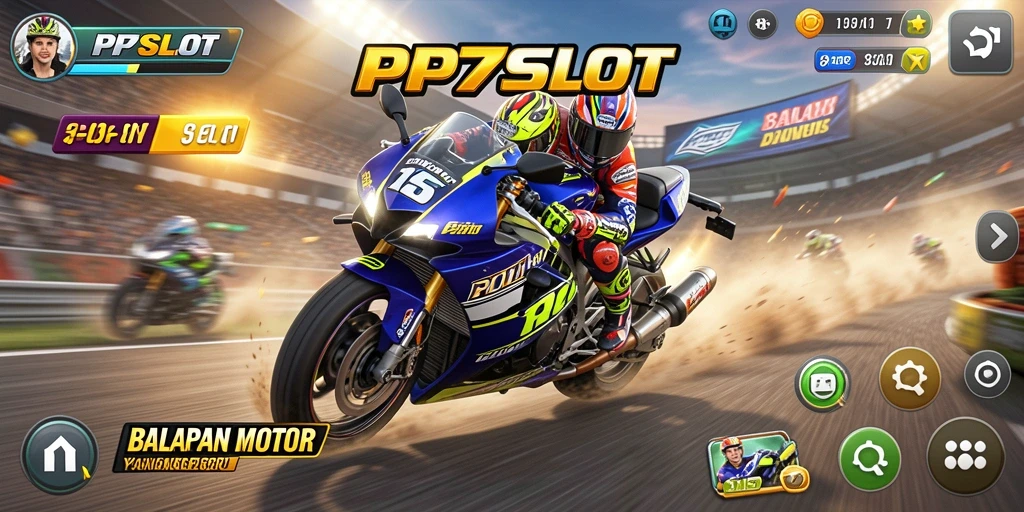 Screenshot gameplay PP7SLOT menampilkan balapan motor yang menegangkan di lintasan berliku.