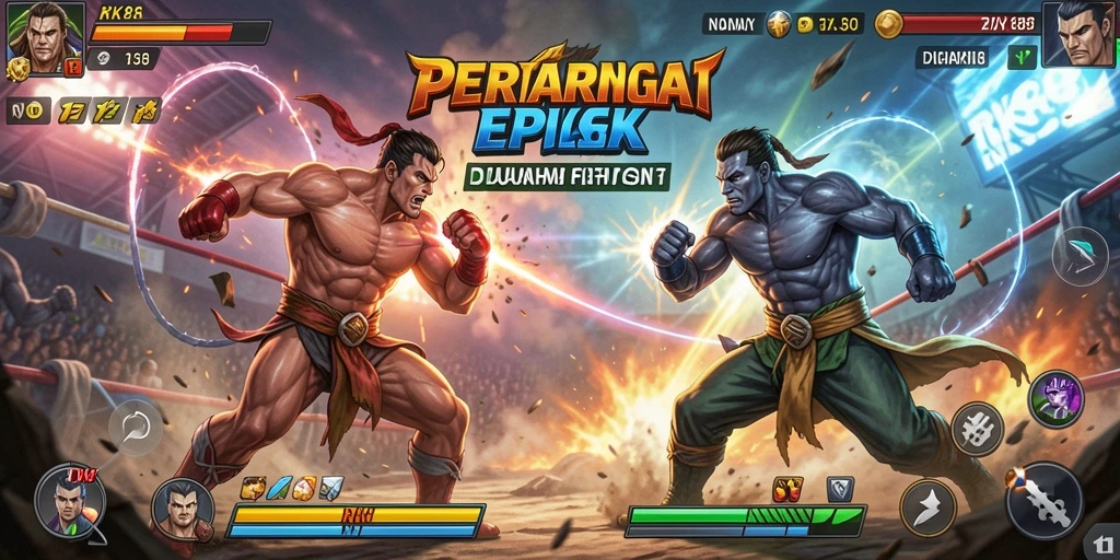 Screenshot utama RK88 menampilkan karakter bertarung dengan efek special yang menakjubkan.