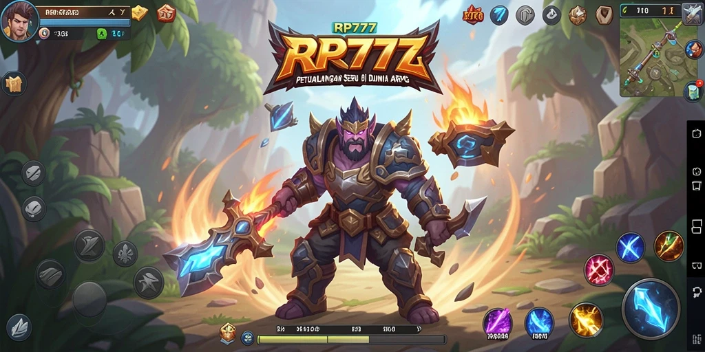 Tangkapan layar gameplay menunjukkan pertarungan epik dalam RP777 di dunia fantasi.