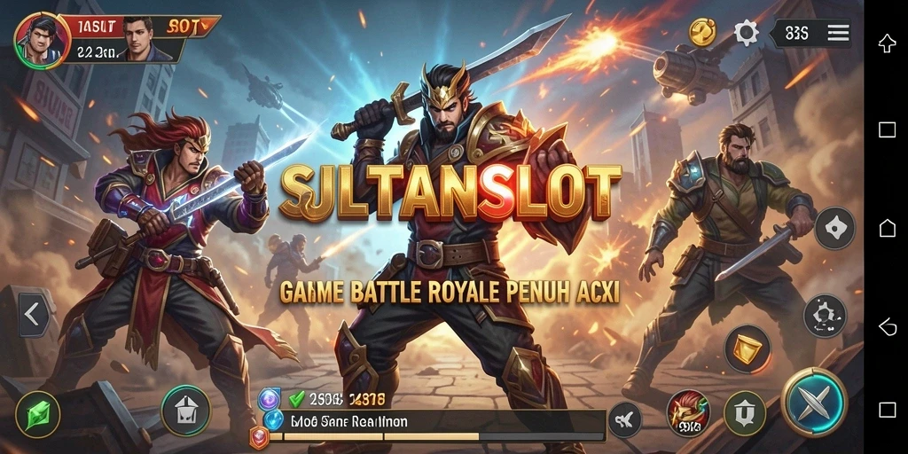 Screenshot gameplay SULTANSLOT menunjukkan aksi pertarungan intens di arena Battle Royale.