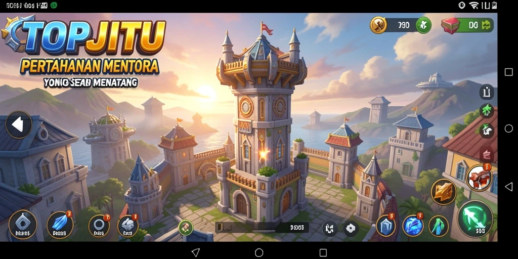 Screenshot gameplay Tower Defense yang menampilkan aksi menara berperang.